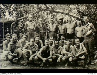 Buna, Papua. 1943-12-25. Group portrait of members of 17 Field Hygiene Company. Identified are: left to right: back row: D. Ross, J. Stonemax, R. Pulsford, R. Pattison, W. Hindmarsh and A. Salmon ..