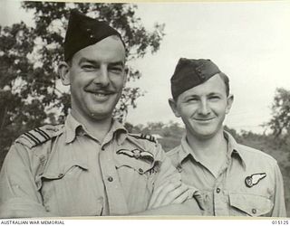 1943-06-26. NEW GUINEA. AUSTRALIAN BEAUFIGHTER CREWS. F/LT. K. P. WILSON, OF PRINCES HILL, VICTORIA (PILOT) AND SGT. G.B. MOORE, OF DRUMMOYNE, N.S.W. (NAVIGATOR). (NEGATIVE BY N. BROWN)