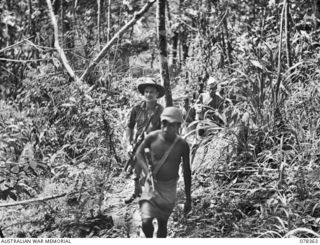 TAMKAIDAN, NEW BRITAIN. 1945-01-15. QX4869 LIEUTENANT J. SAMPSON, ALLIED INTELLIGENCE BUREAU, LEADING A PATROL THROUGH THE DENSE JUNGLE BEHIND THE ENEMY LINES