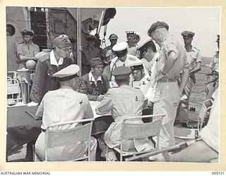 AT SEA OFF RABAUL, NEW BRITAIN. 1945-09-04. PRE- SURRENDER DISCUSSIONS ABOARD HMAS VENDETTA AT A SEA RENDEZVOUS OFF RABAUL BETWEEN REPRESENTATIVES OF LIEUTENANT GENERAL V.A.H. STURDEE, GENERAL ..