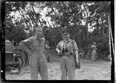 Brigadier-General Neal C Johnson, United States Army, and Brigadier R A Row, New Zealand Army, Vella Lavella, Solomon Islands, during World War II