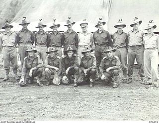 DUMPU, RAMU VASLLEY, NEW GUINEA, 1944-02-09. OFFICERS OF THE HEADQUARTERS STAFF, 18TH INFANTRY BRIGADE. IDENTIFIED PERSONNEL ARE: QX1148 CAPTAIN C.B. PARBURY, STAFF CAPTAIN, (LEARNER), (1); QX17549 ..