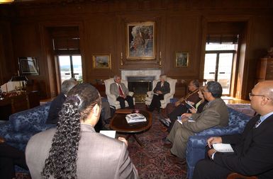 Secretary Gale Norton meeting with visiting political delegation from American Samoa, including Governor Togiola Tulafono, rear left, at Department of Interior headquarters