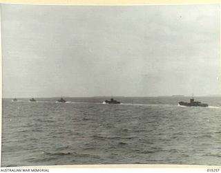 1943-07-12. AMERICANS ADVANCE INTO TROBRIAND ISLANDS. NORTHWARD BOUND AND THE END OF THE LONG HOLDING WAR BY THE ALLIES IN THE SOUTHWEST PACIFIC, SMALL AMERICANS SHIPS SAILING TOWARDS KIRIWINA ..