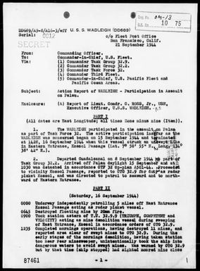 USS WADLEIGH - Rep of Participation in the Assault & Landings on the Palau Is - 9/15-16/44