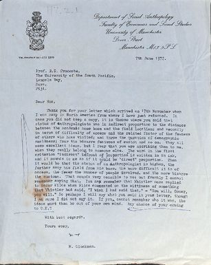 Letter from Max Gluckman, University of Manchester, to Ron Crocombe