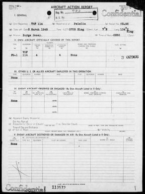 VMF-114 - ACA reps nos 23-45 & 24-45 â Barge sweep in the Palau Is on 3/3/45 & Napalm bombing of AA positions on Koror Is, Palau Is on 3/4/45