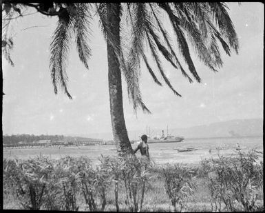 Man standing beside a palm tree, a ship and a jetty are in the background, New Guinea, ca. 1929 / Sarah Chinnery