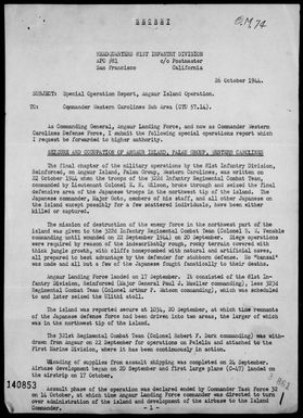 ARMY, 81ST INFANTRY DIVISION, HDQTRS - Special rep of opers in the invasion & capture of Angaur Island, Palau Islands, 9/17/44 - 10/14/44