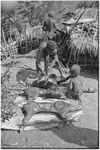 Distribution of wild pig meat: man cuts pork for distribution