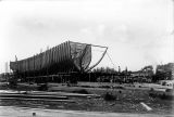 Raising the frame of the four-masted schooner DEFIANCE during construction at Hoquiam, 1897