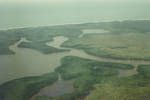 Aerial view of estuary of Sepik River, Apr 1965