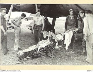 1942-12-07. NEW GUINEA. A 105MM M-3A1 HOWITZER COMPLETE WITH SPARES, TRACTOR AND AMMUNITION IS UNLOADED SOMEWHERE IN THE BATTLE AREA. THE GUN CREW ALSO CAME WITH THE GUN. PICTURE SHOWS THE GUN ..