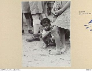 TOROKINA, BOUGAINVILLE. 1945-06-10. A CAMERA SHY SPECTATOR, A FORMER PRISONER OF WAR FROM THE KIETA DISTRICT, WATCHING THE NATIVE SING-SING AT THE WEBB ROAD COMPOUND ON THE NUMA NUMA TRAIL WHICH ..