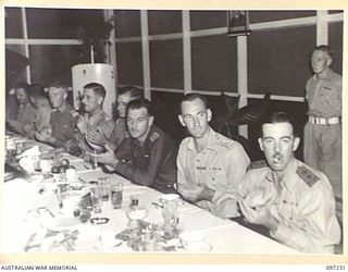 BOUGAINVILLE. 1945-09-22. SENIOR OFFICERS ATTENDING A DINNER GIVEN BY MAJOR GENERAL W. BRIDGEFORD, GENERAL OFFICER COMMANDING 3 DIVISION, TO ALL UNIT COMMANDERS