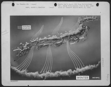 "Winter Weather" photo shows how Japan confronts a B-29 pilot approaching from Saipan, looking northwest. (U.S. Air Force Number 56516AC)