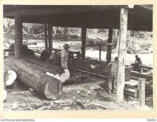 LAE, NEW GUINEA. 1944-12-21. THE INTERIOR OF A "B" TYPE MILL IN OPERATION AT THE UNTHANK MILL BY 2/3 FORESTRY COY MEMBERS