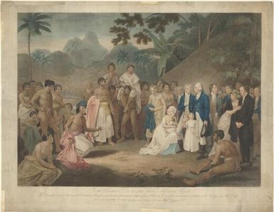 The cession of the district of Matavai in the island of Otaheite to Captain James Wilson for the use of the missionaries / painted by R. Smirke; engraved by F. Bartolozzi