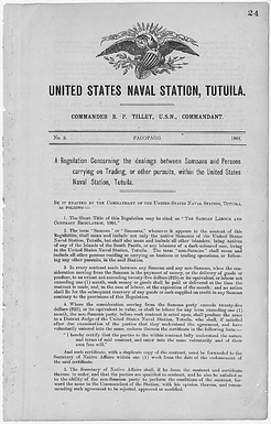 A Regulation Concerning the dealings between Samoans and Persons carrying on Tading, or other pursuits, within the United States Naval Station, Tutuila, Order No. 3, The Samoan Labour and Contract Regulation, 1901.
