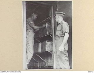 CAPE WOM, WEWAK AREA, NEW GUINEA, 1945-07-02. STAFF-SERGEANT M.J. HILLS (1) AND CAPTAIN J.L. TINKER, OFFICER COMMANDING 2/22 SUPPLY DEPOT PLATOON, INSPECTING THE REFRIGERATOR AT THE UNIT. THE ..