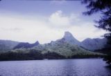 French Polynesia, peaks of Moorea Island from bay