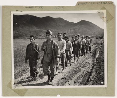 Photograph of a Philippine warrior of the 8th U.S. Marine Regimental Combat Team Escorting Japanese Civilian Field Hands Back to Work on Iheya Island
