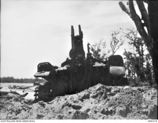 Cape Boram, Wewak area, New Guinea.  The rear view of an armoured recovery variant of the medium type 97 Chi Ha tank, which was captured on the beach.  Army workshops, the tank regiments and the ..