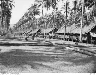 MILNE BAY, NEW GUINEA, 1944-02-10. A PORTION OF NATIVE QUARTERS AT HEADQUARTERS BARAGA NATIVE LABOUR CAMP. THE CAMP NOW CONTAINS 1800 NATIVES ENGAGED ON THE DOCKS, ROAD MAINTENANCE AND MALARIA ..