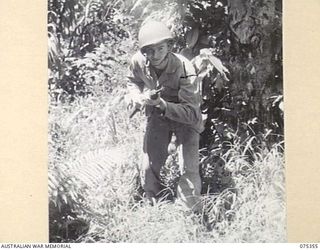 LAE, NEW GUINEA. 1944-08-18. TECHNICAL SERGEANT J. DEATON, UNITED STATES ARMY, DEMONSTRATING AN AMERICAN JUNGLE UNIFORM AND EQUIPMENT