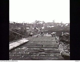 DONADABU, NEW GUINEA. 1943-11-03. SAPPERS OF THE 24TH AUSTRALIAN FIELD PARK COMPANY, ROYAL AUSTRALIAN ENGINEERS "LEVELLING OFF" PLANKS FOR THE DECKING OF THE NEW BRIDGE OVER THE LALOKI RIVER