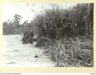BUT AREA, NEW GUINEA. 1945-03-17. MEMBERS OF THE 2/2ND INFANTRY BATTALION SEARCHING THE SIDE OF THE NINAHAU RIVER FOR AN ALTERNATE CROSSING POINT DURING THEIR ADVANCE TO BUT