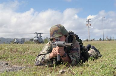 US Marine Corps (USMC) Lance Corporal (LCPL) Nathan Brinkman, 2nd Battalion, 11th Marine Regiment, Marine Corps Base (MCB) Camp Pendleton, California (CA), provides security with a 5.56 mm M16A2 rifle on a landing zone during a simulated non-combatant evacuation operation (NEO) at US Naval Forces Marianas Support Activity, Guam. LCPL Brinkman and the USMC CH-46 Sea Knight helicopters in the background are here participating in TANDEM THRUST 2003, a joint military endeavor including forces from the United States, Canada and Australia