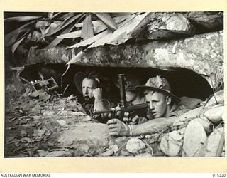 Wau-Mubo Area, along the Mubo track - an Observation Post. Identified, left to right: VX136020 Corporal John Hugh Brice, 24th Battalion, of Croydon, Vic; V321392 Private (Pte) Wilfred Geoffrey ..