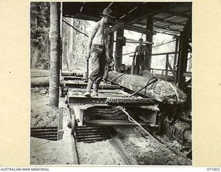 LAE AREA, NEW GUINEA. 1944-03-09. THE 10TH WORK SUPPLY UNIT, ROYAL AUSTRALIAN AIR FORCE SAWMILL CUTTING FOREST TIMBER FOR USE IN BUILDING HUTS, BRIDGES, WHARVES, AND OTHER STRUCTURES