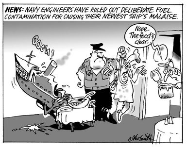 News - Navy engineers have ruled out deliberate fuel contamination for causing their newest ship's malaise. "Nope. The food's clear." 24 November 2010