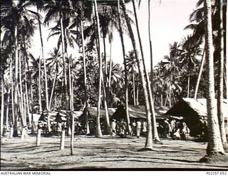 Rabaul, New Britain, 1945-10. A row of huts stands among tropical palm trees at a former Japanese prisoner-of-war (POW) camp for captured Indian soldiers from the Punjab. The huts, roofed with ..