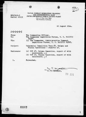 NAVAL COMBAT EXPERIMENTAL BASE 5th PHIBFORPAC - Underwater Demolition Team No 7 Reps of Saipan Op on 6/14/44 & of Rinian Op on 7/23/44