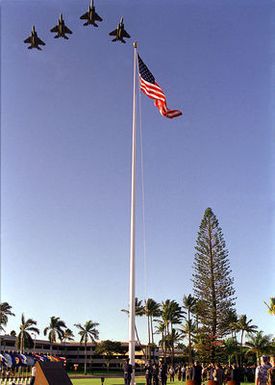 On 7 December 1999, the Hawaii Air National Guard flies F-15 Eagles, performing the Missing Man Formation, during the 58th Anniversary ceremony of the December 7th, 1941, attack on Oahu and Hickam Field