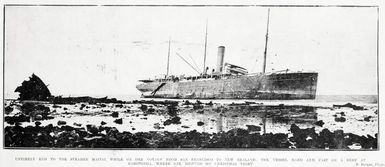 Untimely end to the steamer Maitai while on her voyage from San Francisco to New Zealand: the vessel hard and fast on a reef at Rarotonga, where she drifted on Christmas night