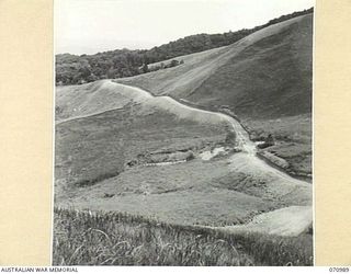 WAU - LAE ROAD, NEW GUINEA, 1944-03-10. ENTERING THE MARKHAM VALLEY, ABOUT 78.5 FROM WAU. FOR TWO TO THREE MILES UNTIL THE ROAD ENTERS JUNGLE THE VIEW IS REMARKABLE, WITH VISIBILITY EXTENDING TO ..