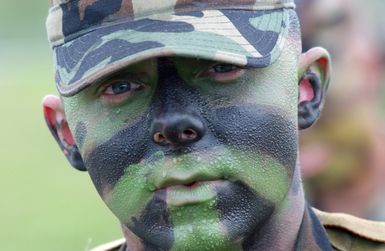 US Army (USA) Private First Class (PFC) Joshua McComas, 2nd Battalion, 27th Infantry Regiment (2/27) Charlie Company, 25th Infantry Division (ID) [Light], Schofield Barracks, Hawaii (HI), gives an idea of the heat and humidity after applying camouflage in the tropical environment of Guam. PFC McComas unit is here participating in Exercise TANDEM THRUST 2003