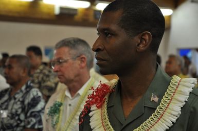 Earthquake ^ Flooding ^ Tsunami - Pago Pago, American Samoa, November 11, 2009 -- Federal Coordinating Officer Kenneth R. Tingman, right, Lt. Colonel, U. S. Air Force, retired, and Deputy Federal Coordinating Officer Michael H. Smith, Colonel, U. S. Marine Corps, retired, observed Veterans Day in an American Samoa ceremony Wedneday. Pago Pago was an active U. S. Naval base until 1951. Military service is a tradition in American Samoa. Richard O'Reilly/FEMA