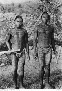 PAPUA NEW GUINEA - PROBABLY NORTHERN PROVINCE, LATE 1942 OR EARLY 1943. TRADITIONAL TRIBAL TATTOOS. (PHOTOS LENT FOR COPYING BY HANK NELSON, A.N.U. PHOTOGRAPH OBTAINED FROM MR K.I.P. PORTEOUS, ..