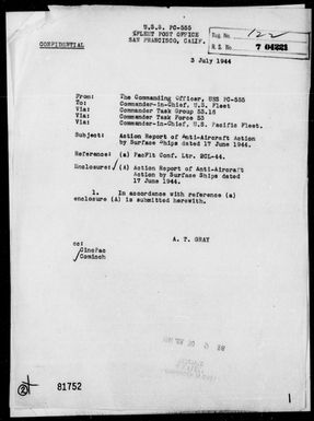 USS PC-555 - AA Action Report, 6/17/44 – Southeast of Saipan Island-Marianas