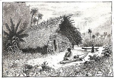 Photo of picture of two women facing a pandanus hut