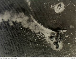 Wewak, New Guinea. 1944-03-19. Japanese shipping off Muschu Island, near Wewak, under attack by Allied aircraft