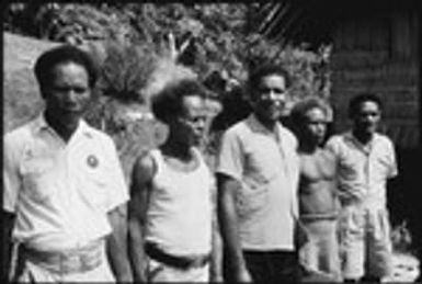 Group portrait of political figures, including former headman Meke 'Ooanigela, 'Maena'adi or Uru, Defete of Sinalagu, possibly Bui'a, and Jonathan Fifi'i