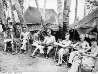 CONVALESCENT PATIENTS AT NO 24 M.C.S. NADZAB, 1944-02. PHOTOGRAPH PUBLISHED IN AUSTRALIA IN THE WAR OF 1939-45, MEDICAL, VOL 4, MEDICAL SERVICES OF THE RAN AND RAAF, PAGE 239