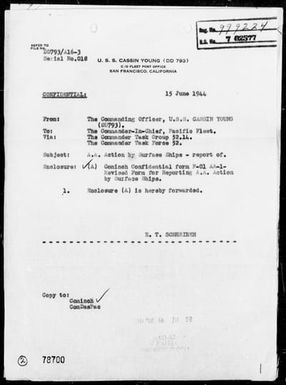 USS CASSIN YOUNG - AA Act Rep, 6/15/44, off Saipan Island, Marianas