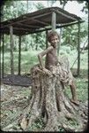 Boy sits on tree stump next to the Hutchins' house